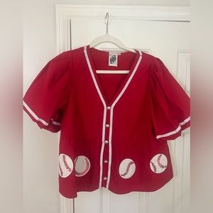 Queen of Sparkles Red Peplum Baseball Top, Size Medium